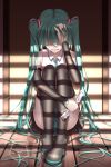  aqua_hair black_footwear black_skirt boots clenched_teeth crying detached_sleeves full_body geduan hair_ornament hair_over_one_eye hatsune_miku highres holding long_hair miniskirt pleated_skirt shirt sitting skirt sleeveless sleeveless_shirt solo tears teeth thigh_boots thighhighs twintails very_long_hair vocaloid white_shirt wooden_floor 