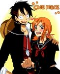  1boy 1girl black_eyes black_hair blush couple duo female hat lunami male monkey_d_luffy nami_(one_piece) one_piece orange_hair pirate short_hair smile straw_hat_pirates tattoo 