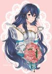  akina_(akn_646) bare_shoulders blue_eyes blue_hair blush bridal_veil bride commentary dark_blue_hair dress elbow_gloves fire_emblem fire_emblem:_kakusei fire_emblem_heroes flower formal gloves jewelry long_hair looking_at_viewer lucina simple_background smile solo strapless strapless_dress tiara veil wedding_dress white_background white_dress white_gloves 