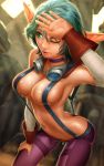  2016 breasts clothed clothing convenient_censorship eyewear female goggles green_eyes green_hair hair humanoid jak_and_daxter keira navel not_furry one_eye_closed pointy_ears skimpy suspenders sweat topless video_games yuqoi 