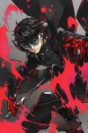  amamiya_ren black_clothes black_hair black_pants brown_eyes ellipsest gloves grey_background highres holding holding_knife knife long_hair male_focus mask pants parted_lips persona persona_5 red_gloves smile solo spiked_hair 
