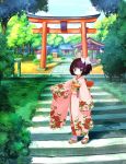  akino_takehiko arm_up black_hair blue_eyes building day floral_print forest hatsukoma_ruri highres japanese_clothes kimono nature obi official_art outdoors pink_kimono ruri_no_kasane_~imouto_monogatari~ sandals sash short_hair shrine side_ponytail solo stairs tabi torii tree 