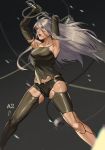 absurdres android armpits arms_up asymmetrical_legwear black_legwear blue_eyes breasts character_name commentary ebiss06081 elbow_gloves gloves hair_between_eyes highres holding holding_sword holding_weapon long_hair nier_(series) nier_automata open_mouth robot_joints short_shorts shorts silver_hair solo standing sword tank_top weapon yorha_type_a_no._2 