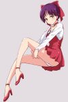  ankle_ribbon ass blush bow choker collarbone dress frown gegege_no_kitarou grey_background hair_bow high_heels invisible_chair jewelry legs long_sleeves looking_at_viewer mel_(melty_pot) nekomusume nekomusume_(gegege_no_kitarou_6) panties pendant pointy_ears purple_hair red_dress ribbon shirt short_hair simple_background sitting slit_pupils solo underwear white_panties white_shirt yellow_eyes 