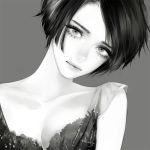  1girl artist_name breasts cleavage_cutout closed_mouth commentary_request dress greyscale head_tilt looking_at_viewer medium_breasts mole monochrome original short_hair solo takenaka watermark web_address 