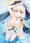  absurdres azur_lane bangs blue_eyes blush breasts cleavage collarbone commentary_request dress elbow_gloves eyebrows_visible_through_hair gloves hair_ornament hand_on_head hat highres illustrious_(azur_lane) in_water jewelry lace-trimmed_hat large_breasts light_particles long_hair looking_at_viewer low_twintails mole mole_under_eye open_mouth pendant ripples sapphire_(stone) seiza sitting skindentation smile solo sun_hat tareme thighhighs thighs tsukiusa twintails white_dress white_gloves white_hair white_hat white_legwear 