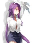  alternate_costume animal_ears arm_up between_breasts blue_skirt breasts bunny_ears commentary_request cowboy_shot eyebrows_visible_through_hair hand_behind_head highres kasuka_(kusuki) large_breasts long_hair long_sleeves necktie necktie_between_breasts pencil_skirt purple_hair red_eyes red_neckwear reisen_udongein_inaba shadow shirt sidelocks simple_background skirt solo standing touhou very_long_hair white_background white_shirt wing_collar 