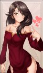  absurdres artist_request black_hair breasts cinder_fall cleavage commentary dress earrings heart highres jewelry long_hair oxenia red_dress rwby smile solo strapless strapless_dress v yellow_eyes 