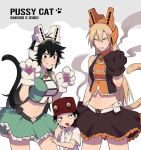  2girls akanbe alternate_costume anger_vein angry bakugou_katsuki bell bell_choker belt blowing_raspberry blush boku_no_hero_academia breasts cat_paws cat_tail character_name choker commentary_request cosplay english freckles genderswap genderswap_(mtf) green_hair hat highres izumi_kouta liyuchen1126 medium_breasts midoriya_izuku midriff multiple_girls paws skirt sleeveless smile smoke spiked_hair tail toned tongue tongue_out 