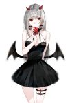  apple bare_shoulders black_dress black_wings breasts cleavage closed_mouth commentary dress earrings eyebrows_visible_through_hair food fruit head_tilt holding horns jewelry large_breasts low_wings naru_(ul) original red_eyes short_dress silver_hair simple_background standing thigh_strap white_background wings 