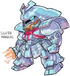  aqua_eyes armor character_name chibi full_body fusion gundam helmet japanese_armor kabuto katana marasai marvel mechanization one-eyed samurai silver_samurai simple_background solo standing sword weapon white_background x-men zeta_gundam 