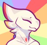  :3 ^_^ anthro avian bust_portrait eyebrows eyes_closed facial_markings feather_hair feathers grey_markings hair laefa_padlo male markings multicolored_hair nude portrait qualzar rainbow_background rainbow_hair red_markings scorchen shadow short_hair side_view simple_background smile solo white_feathers white_hair 