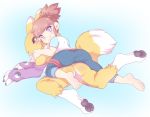  2017 3_toes 5_fingers 5_toes anthro barefoot black_sclera blue_eyes butt butt_focus clothing digimon duo feet female fur gloves hair human looking_at_viewer mammal pants paws renamon rika_nonaka shirt simple_background smile toes unknown_artist yellow_fur 