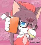  1girl banana blue_eyes brown_hair cat cat_busters furry glasses one_eye_closed smartphone solo 