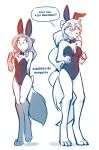  2018 anthro barefoot blush bow_tie breasts bunny_costume canine chest_tuft cleavage clothed clothing confusion costume dialogue digitigrade duo embarrassed english_text fake_ears fake_rabbit_ears female fox gloves_(marking) hi_res keidran laura_(twokinds) mammal markings monochrome navel raine_(twokinds) simple_background sketch skimpy small_breasts socks_(marking) text tom_fischbach tuft twokinds webcomic white_background wolf 