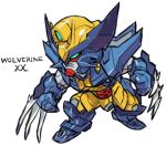  after_war_gundam_x character_name chibi claw_(weapon) full_body fusion green_eyes gundam gundam_double_x marvel mechanization simple_background solo standing weapon white_background wolverine x-men 