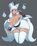  2018 5_fingers animal_humanoid armwear big_breasts biped black_armwear black_clothing blue_eyes bracelet breasts bridal_gauntlets cleavage clothed clothing digital_media_(artwork) female fox_humanoid front_view full-length_portrait gem grey_background hair hair_bun hair_sticks hi_res humanoid jewelry kneeling legwear light_skin lips long_hair looking_at_viewer necklace pearl_(gem) pearl_necklace pink_lips pinup portrait pose redrabbu ring simple_background solo stockings watermark white_clothing white_hair white_legwear white_stockings white_topwear 