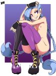  1girl ass bigdead93 black_lips blue_hair braid breasts jinx_(league_of_legends) league_of_legends multicolored_legwear nipples nude pink_eyes spiked_shoes stomach_tattoo tattoo thighhighs twin_braids very_long_hair 