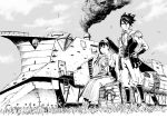  1girl absurdres black_hair boots bracer crate cross-laced_footwear day flower grass greyscale ground_vehicle hair_flower hair_ornament hand_in_hair hand_on_hip highres koutetsujou_no_kabaneri kurusu_(kabaneri) ladder monochrome outdoors ponytail sitting smoke spiked_hair standing train turret ume_(yume_uta_da) wide_sleeves yomogawa_ayame 