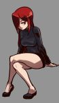  big-d breasts crossed_legs dress flats full_body grey_background hair_over_one_eye highres large_breasts long_hair looking_back parasoul_(skullgirls) red_eyes red_hair sitting skullgirls solo sweater sweater_dress 