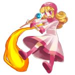  blonde_hair blush breasts commentary_request curly_hair dragon_quest dragon_quest_ii dress hat hood hood_up long_hair princess princess_of_moonbrook solo sora-mame staff weapon white_dress white_robe 
