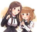  :d absurdres bangs beatrice_(princess_principal) black_dress black_jacket blush breasts brown_eyes brown_hair dorothy_(princess_principal) double_bun dress eyebrows_visible_through_hair fingernails highres holding holding_microphone jacket long_hair long_sleeves medium_breasts microphone multiple_girls open_mouth princess_principal purple_eyes school_uniform shirt side_bun sleeveless sleeveless_dress smile sorimachi-doufu swept_bangs very_long_hair white_shirt 