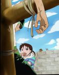  1girl 3boys bdsm blush bondage bound brown_hair coby fellatio green_hair monkey_d_luffy multiple_boys multiple_girls one_piece oral purple_eyes rika_(one_piece) roronoa_zoro saliva 