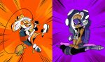  commentary cosplay donatello donatello_(cosplay) feet_together gradient_hair highres hime_(splatoon) iida_(splatoon) inoue_seita long_hair michelangelo michelangelo_(cosplay) multicolored_hair multiple_girls official_art orange_legwear pantyhose purple_hair purple_legwear short_hair simple_background sitting smile splatoon_(series) splatoon_2 teenage_mutant_ninja_turtles tentacle_hair two-tone_background white_hair 