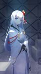  &gt;:) azur_lane bangs black_gloves blue_eyes blurry blurry_foreground blush box cardboard_box closed_mouth commentary_request depth_of_field eyebrows_visible_through_hair gloves hair_ornament head_tilt highres japanese_clothes kimono long_hair long_sleeves mo_(pixiv9929995) partly_fingerless_gloves shoukaku_(azur_lane) sidelocks signature silver_hair smile solo v-shaped_eyebrows very_long_hair white_kimono wide_sleeves yuki-onna 