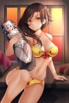  1girl bare_shoulders black_hair body_pillow bra cinder_fall cleavage highres lingerie looking_at_viewer navel oxenia-art panties pillow rwby salem_(rwby) underwear yellow_bra yellow_eyes yellow_panties 