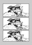  3koma :3 animal_ears blush_stickers bow bowtie closed_eyes comic common_raccoon_(kemono_friends) elbow_gloves fang fennec_(kemono_friends) fox_ears fur_collar gloves greyscale highres kemono_friends kotobuki_(tiny_life) looking_at_another lying monochrome multiple_girls on_back outdoors pleated_skirt puffy_short_sleeves puffy_sleeves raccoon_ears raccoon_tail short_hair short_sleeves silent_comic skirt sleeping smile tail tongue tongue_out translated vest zzz 