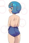  1girl ass blue_eyes blue_hair blush closed_mouth clothes_down cowboy_shot female from_behind hairband hideyuki_i looking_at_viewer looking_back one-piece_swimsuit pokemon pokemon_(anime) pokemon_(game) pokemon_sm pokemon_sm_(anime) shiny short_hair solo suiren_(pokemon) sweat swimsuit wavy_mouth white_background 