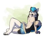  animal_genitalia black_fur blue_eyes blue_fur blue_hair canine claws clothing constupro dog fully_sheathed fur hair husky male mammal nowandlater pawprint sheath underwear undressing white_fur 