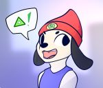  ! anthro beanie black_eyes black_nose blue_background blue_topwear bust_portrait canine clothed clothing dog eyebrows fangs floppy_ears fully_clothed fur hat looking_aside looking_at_viewer male mammal open_mouth open_smile parappa parappa_the_rapper pink_tongue playstation portrait qualzar shirt side_view simple_background smile solo tank_top teeth tongue triangle_(disambiguation) video_games white_fur 