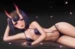  bob_cut breasts eyeshadow fangs fate/grand_order fate_(series) headpiece highres lying makeup navel on_side oni_horns open_mouth petals petals_on_liquid purple_eyes purple_hair revealing_clothes short_eyebrows short_hair shuten_douji_(fate/grand_order) small_breasts solo zyl 