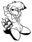  2018 anthro avian bird bottomless breasts cleavage clothed clothing driprat female hands_behind_head kneeling looking_at_viewer monochrome non-mammal_breasts shirt simple_background smile solo 