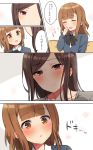  :d bangs beatrice_(princess_principal) black_bow blue_jacket blush bow brown_eyes brown_hair closed_mouth collared_shirt comic dorothy_(princess_principal) eye_contact eyebrows_visible_through_hair hair_down highres jacket looking_at_another multiple_girls open_mouth parted_lips princess_principal purple_eyes shirt smile sorimachi-doufu speech_bubble sweat swept_bangs translation_request white_shirt yuri 