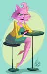  2014 anthro bojack_horseman bored cat clothed clothing dress feline female footwear full-length_portrait fur green_eyes high_heels jacket jewelry mammal necklace open_mouth phone pink_fur portrait princess_carolyn shoes signature sitting solo table toony vivzmind whiskers 