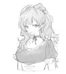  :3 ahoge breasts choker cleavage closed_mouth commentary_request earrings fpanda greyscale highres ichinose_shiki idolmaster idolmaster_cinderella_girls jewelry large_breasts long_hair looking_at_viewer monochrome puffy_short_sleeves puffy_sleeves ribbon_choker short_sleeves simple_background sketch smile solo upper_body white_background 