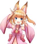  animal_ear_fluff animal_ears armpits arms_up blonde_hair blue_eyes commentary_request detached_sleeves fangs fox_ears hair_ornament hairclip japanese_clothes kemomimi_oukoku_kokuei_housou long_hair mikoko_(kemomimi_oukoku_kokuei_housou) miyu_(mi-ley) navel open_clothes open_mouth open_shirt pink_shirt shadow_puppet shirt smile solo twintails upper_body 