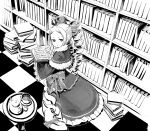  absurdres beatrice_(re:zero) book book_stack bookshelf bow crown cup dress drill_hair from_above greyscale hair_bow highres indoors long_hair looking_at_viewer looking_back mini_crown monochrome open_book re:zero_kara_hajimeru_isekai_seikatsu solo standing symbol-shaped_pupils table teacup teapot tile_floor tiles ume_(yume_uta_da) wide_sleeves 