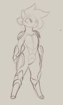  anthro black_and_grey clothed clothing eyebrows front_view full-length_portrait fully_clothed fur grey_background hair kae_esrial knee_pads mammal portrait qualzar short_hair shoulder_pads simple_background sketch solo standing tarunah wide_hips 