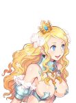  armor blade_strangers blonde_hair blue_eyes breasts bright_pupils code_of_princess crown flower gem hair_flower hair_ornament highres large_breasts long_hair official_art open_mouth simple_background solange_blanchefleur_de_luxe solo upper_teeth white_background 