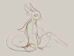  anthro antlers black_and_grey bottomless clothed clothing dragon full-length_portrait grey_background hooves horn line_art looking_aside looking_at_viewer male portrait qualzar scalie side_view simple_background sitting sketch solo wide_hips 