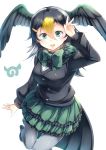  :d absurdres black_hair blonde_hair bow bowtie commentary_request frilled_skirt frills fur_collar green_bow green_eyes green_skirt grey_legwear hair_between_eyes hair_ornament hairclip hand_up head_wings highres japanese_cormorant_(kemono_friends) japari_symbol kanzakietc kemono_friends long_sleeves looking_at_viewer multicolored_hair open_mouth pantyhose simple_background skirt smile solo white_background 