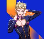  androgynous blonde_hair blue_background blue_eyes blue_jacket braid closed_mouth commentary copyright_name curly_hair eyelashes fabulous giorno_giovanna heart_cutout highres jacket jojo_no_kimyou_na_bouken jojo_pose long_hair long_sleeves looking_at_viewer male_focus orange_background pose single_braid solo tenobe two-tone_background upper_body vento_aureo 