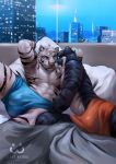  2018 abs al_(aolun) anthro bed bedding biped black_fur black_nose black_stripes blanket blue_bottomwear blue_clothing blue_eyes blue_fur blue_hair blue_underwear boxers_(clothing) building bulge city clothed clothing cuddling detailed_background digital_media_(artwork) duo fangs feline fur hair hi_res inside lan_(aolun) male male/male mammal multicolored_fur muscular muscular_male on_bed pecs pillow pink_nose red_bottomwear red_clothing red_underwear saber-toothed_cat sabertooth_(feature) short_hair skrawl smile smirk striped_fur stripes tiger topless two_tone_fur underwear whiskers white_fur white_hair white_tiger window 