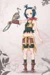  ane_(kamemaru) archaeopteryx bandana bare_shoulders bike_shorts blue_eyes blue_hair blush boots brown_footwear brown_gloves closed_mouth clothes_around_waist commentary_request dinosaur falconry feathered_dinosaur fern fingerless_gloves forehead gloves green_legwear hair_ornament highres jacket_around_waist kamemaru looking_at_viewer navel original short_hair shorts single_glove smile socks solo standing tooth_necklace topknot torn_clothes v-shaped_eyebrows 