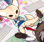  2018 aggressive_retsuko anthro anthro_on_anthro black_eyes black_nose blush canine casual_sex cellphone clothing duo english_text female female_focus female_penetrated fennec fenneko footwear fox haida holding_object hyena laugh male male/female male_penetrating mammal merunyaa necktie office penetration phone sex signature solo_focus spread_legs spreading table text vaginal vaginal_penetration 