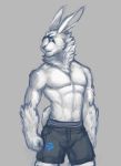  2018 anthro byowt clothed clothing digital_media_(artwork) fur grey_background hi_res lagomorph male mammal muscular muscular_male pecs simple_background solo standing topless 